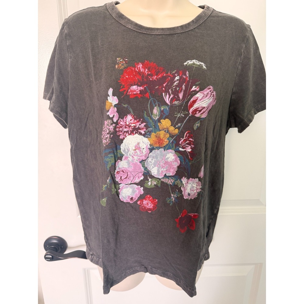 Lucky Brand Women's Large Gray Floral Graphic T-Shirt Short Sleeve 100% Cotton